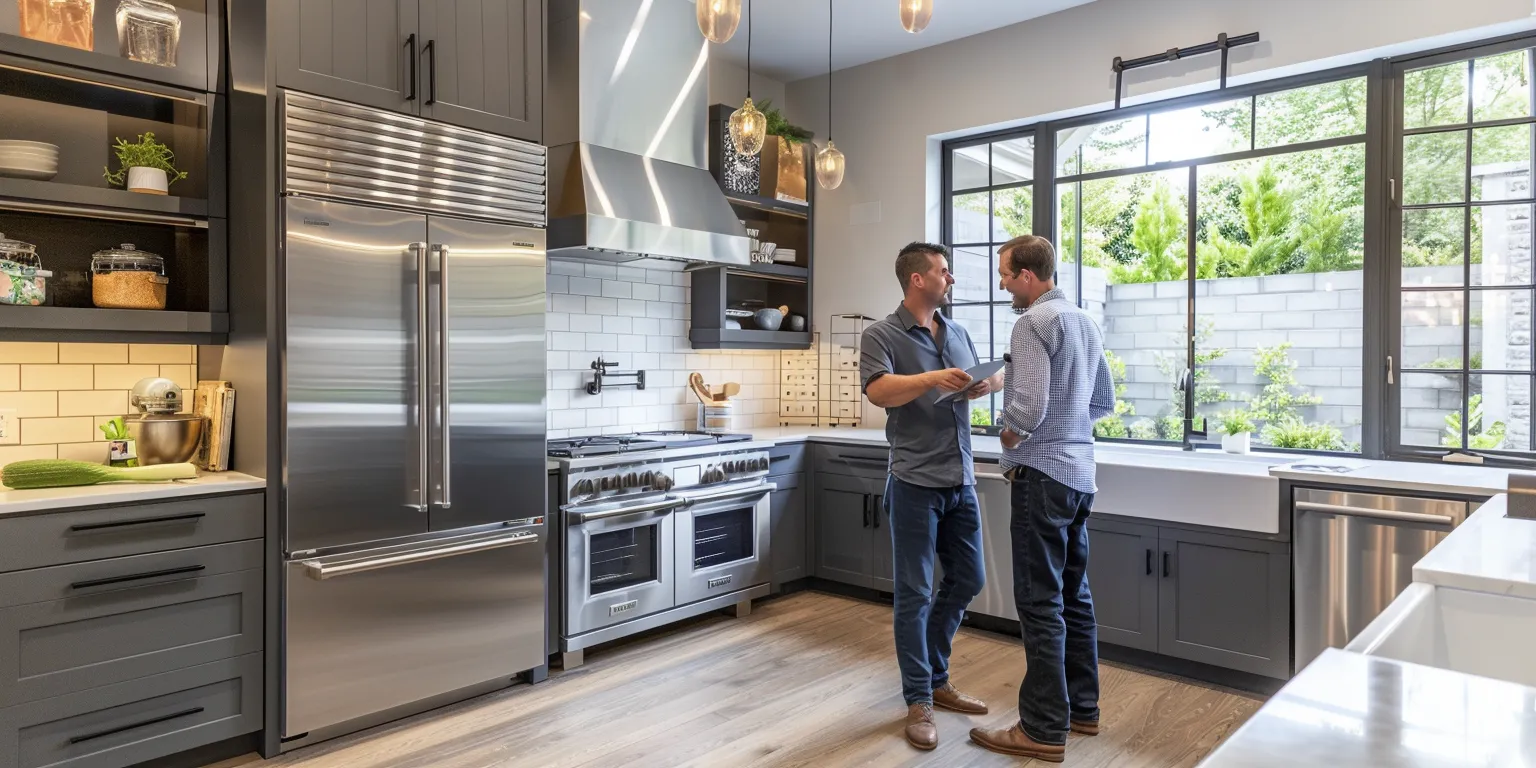 Two men discussing kitchen remodeling in a modern kitchen with stainless steel appliances, dark cabinetry, and natural light from large windows.