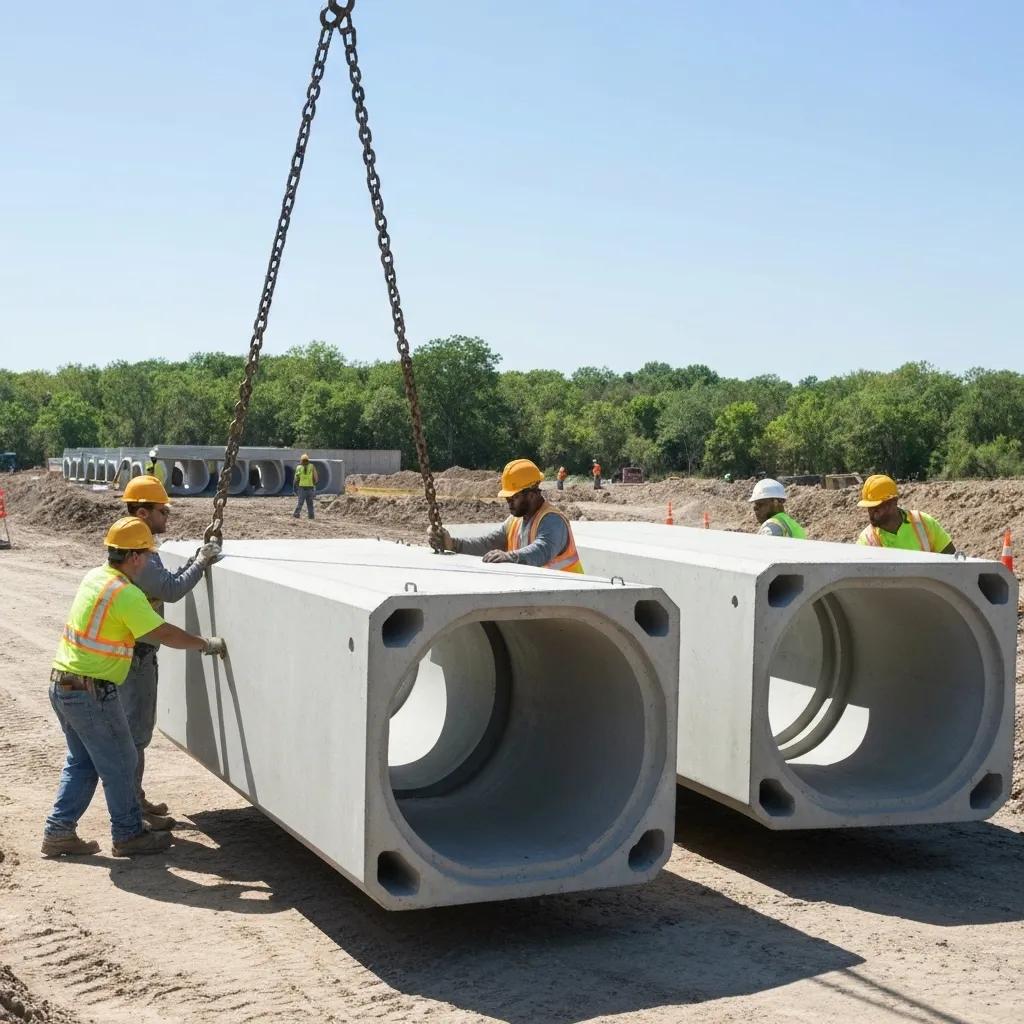Installation of precast concrete culverts with workers and lifting equipment