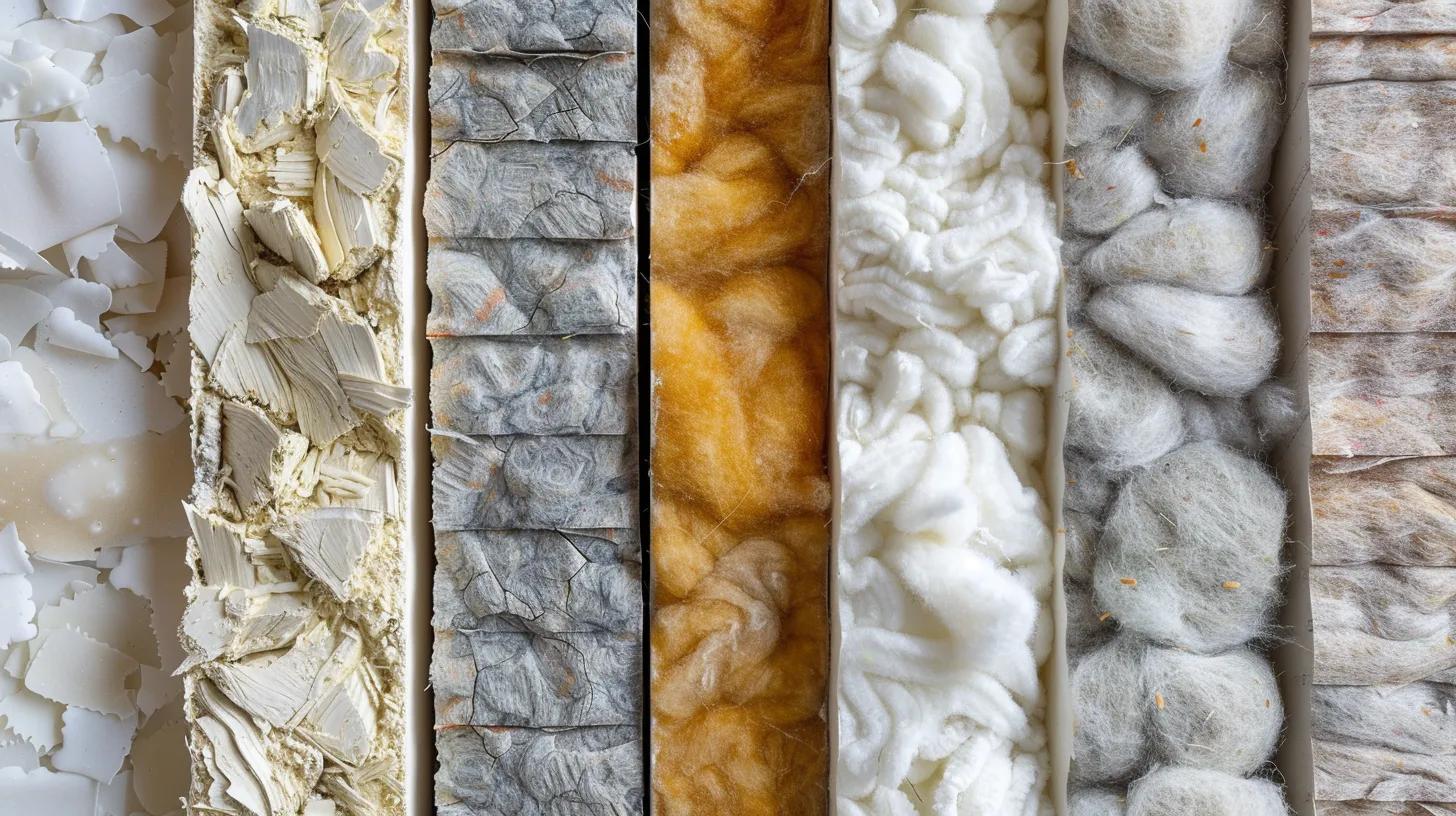 Various insulation materials displayed in cross-section, including spray foam, fiberglass batts, and cellulose, highlighting options for energy-efficient custom homes in Fargo's climate.