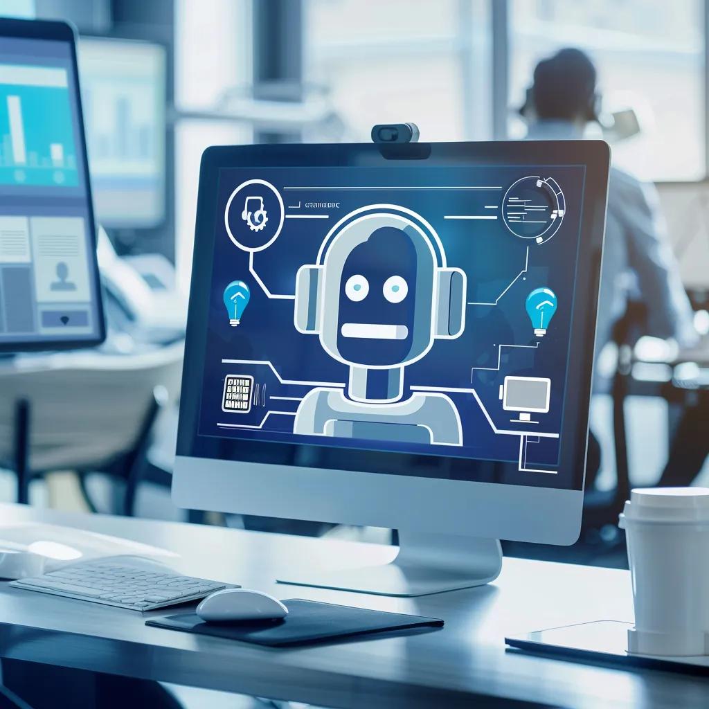 AI chatbot assisting customer service representative in a busy office