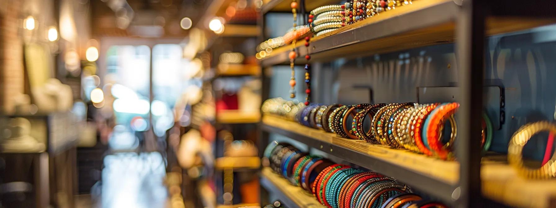 a chic urban fashion boutique interior showcases a stylish display of diverse fashion bracelets, each uniquely designed to enhance various outfits against a backdrop of contemporary décor and elegant lighting.