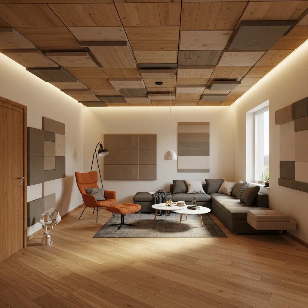 Close-up of a ceiling covered in dense plank flooring, illustrating its acoustic and thermal insulation qualities