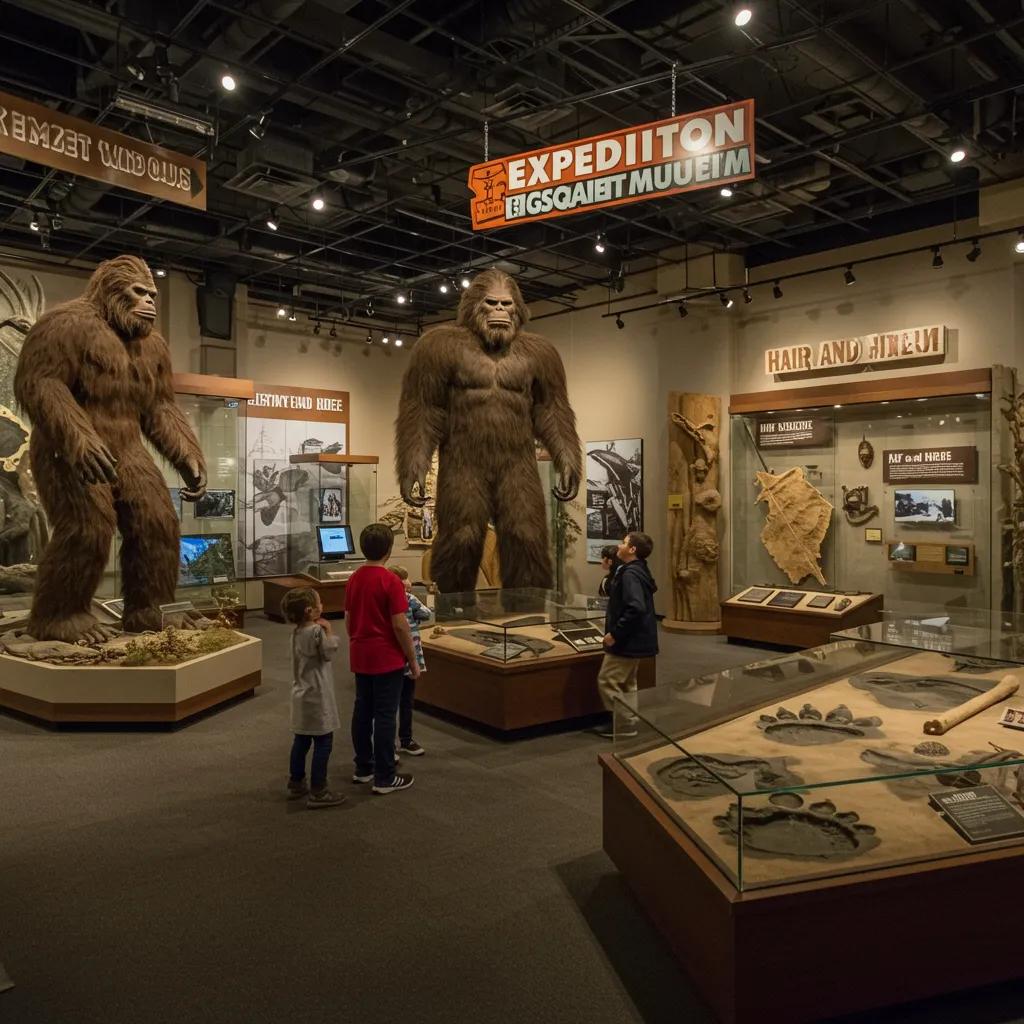 Interior view of the Expedition Bigfoot Museum with visitors exploring Sasquatch exhibits and artifacts Interior view of the Expedition Bigfoot Museum with visitors exploring Sasquatch exhibits and artifacts