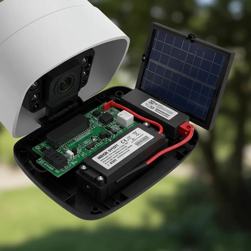Internal components of a solar security camera showcasing solar panel and battery system