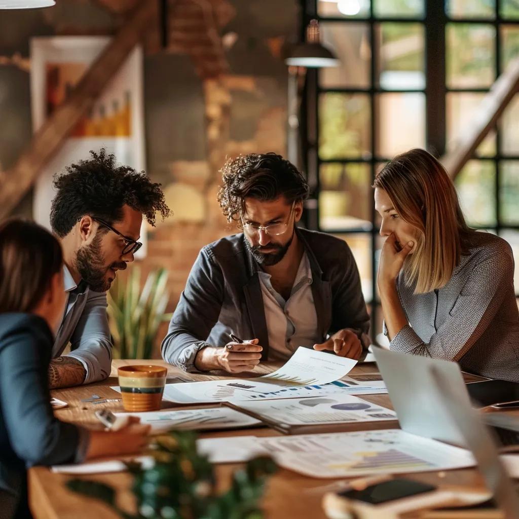 Group of investors collaborating on popular investment strategies in a modern office Group of investors collaborating on popular investment strategies in a modern office