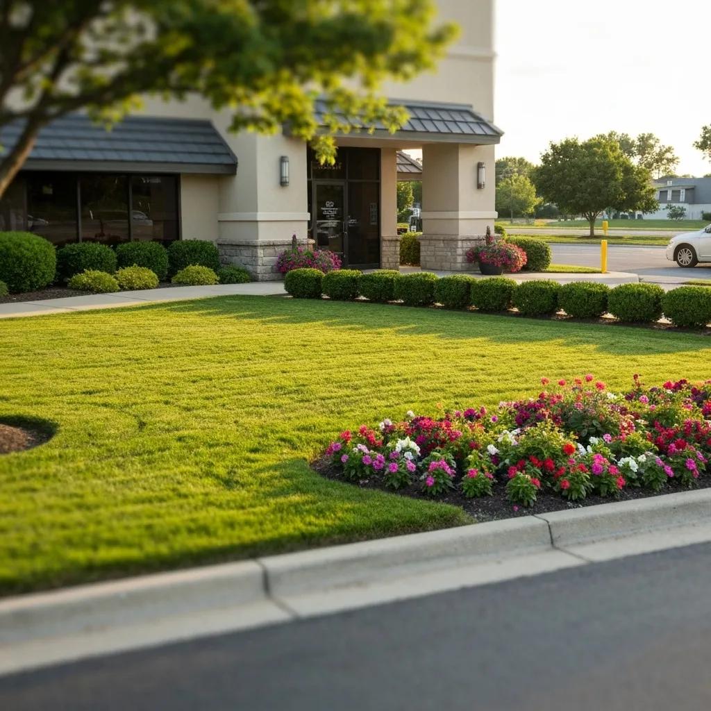 Inviting business entrance with well-maintained lawn and vibrant flower beds enhancing curb appeal