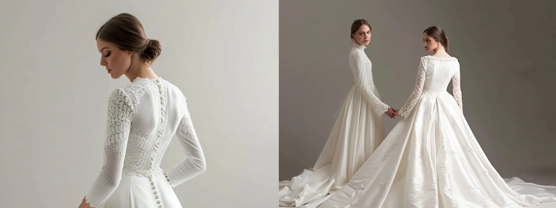 modest wedding dress, it needs to cover the back have a silk dress and a satin dress side by side