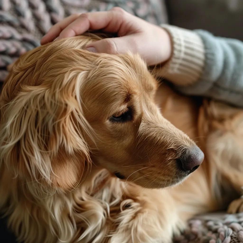 Dog scratching its ear with owner examining skin for allergy symptoms in a cozy living room