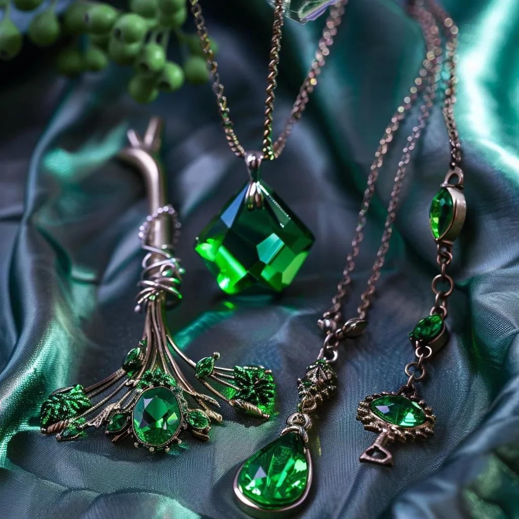 Elphaba-inspired jewelry including green crystal charm and broom pendant, reflecting themes of strength and transformation