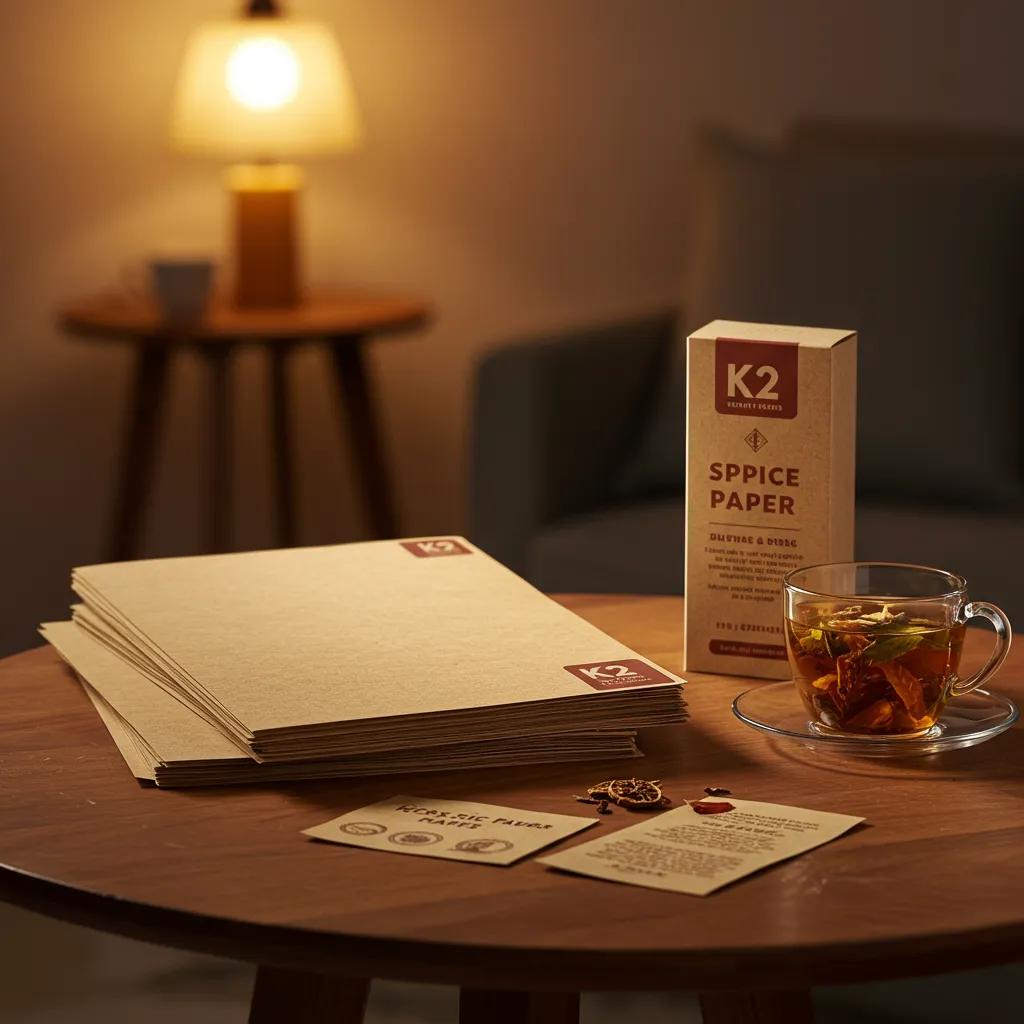 Premium K2 Spice Paper sheets displayed on a rustic wooden table, creating an atmosphere of quality and relaxation