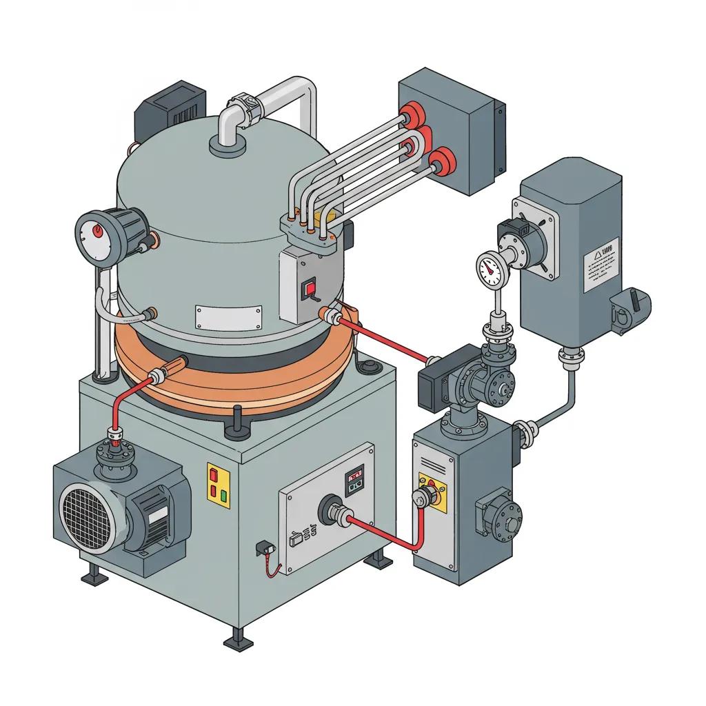 Key components of a vacuum kiln, including pump, heating elements, and condenser Key components of a vacuum kiln, including pump, heating elements, and condenser
