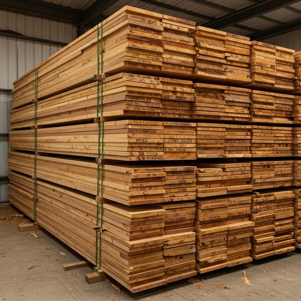 Kiln-dried hardwood planks neatly displayed in a timber yard, emphasizing their quality and controlled moisture content