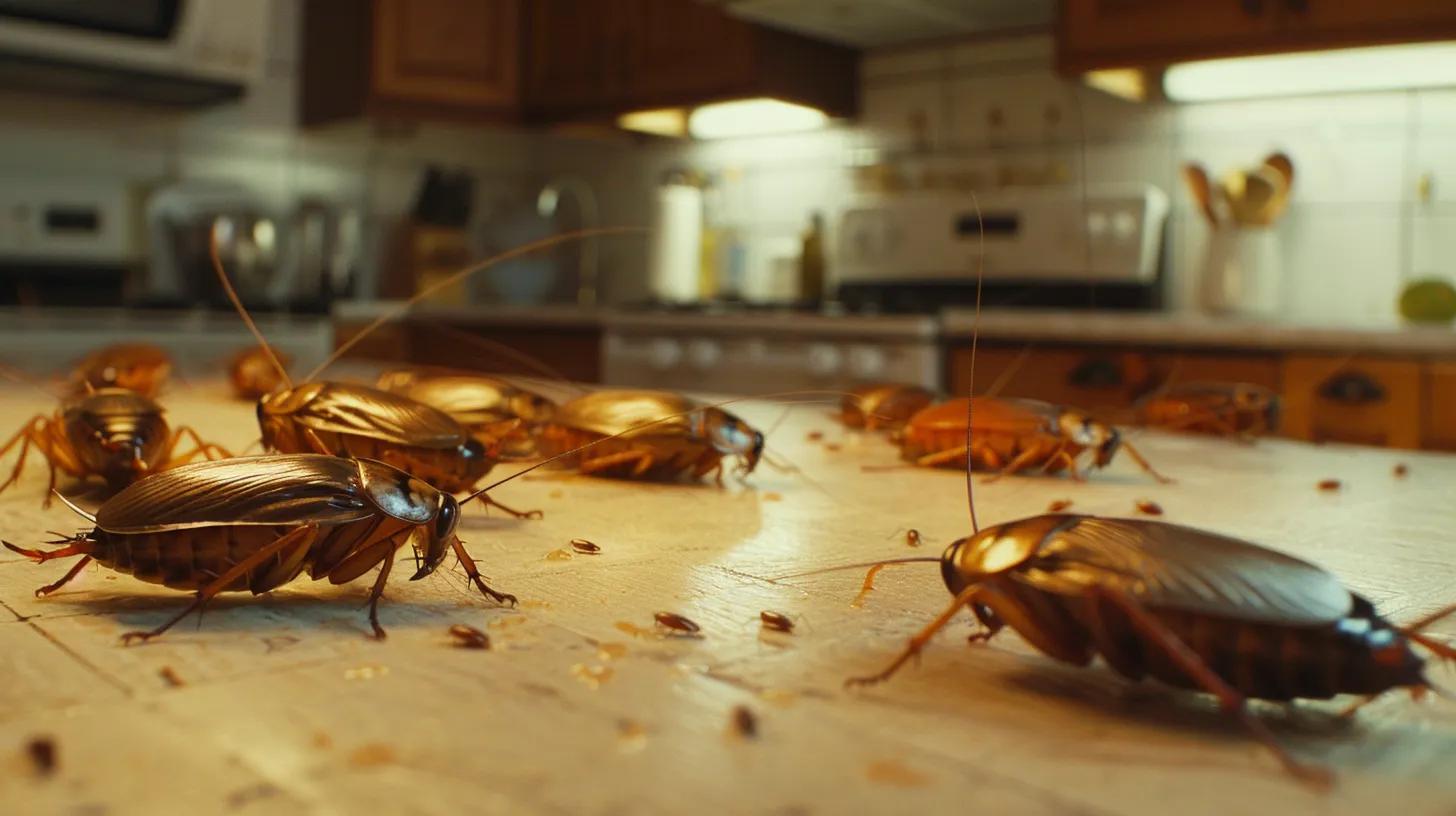 German and American cockroaches on a kitchen countertop, illustrating common pest issues in homes, with visible droppings and a cluttered kitchen environment.