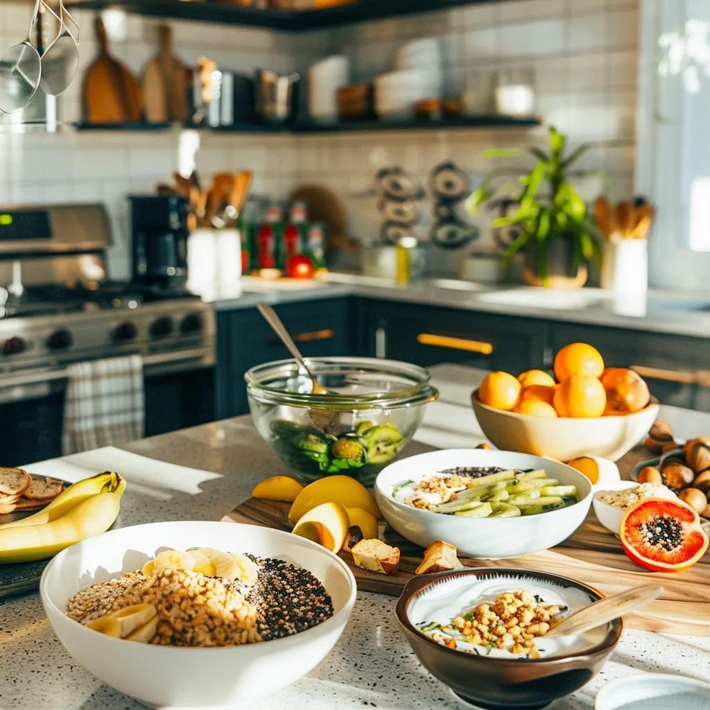 Healthy breakfast spread promoting gut health with yogurt, fruits, and whole grains