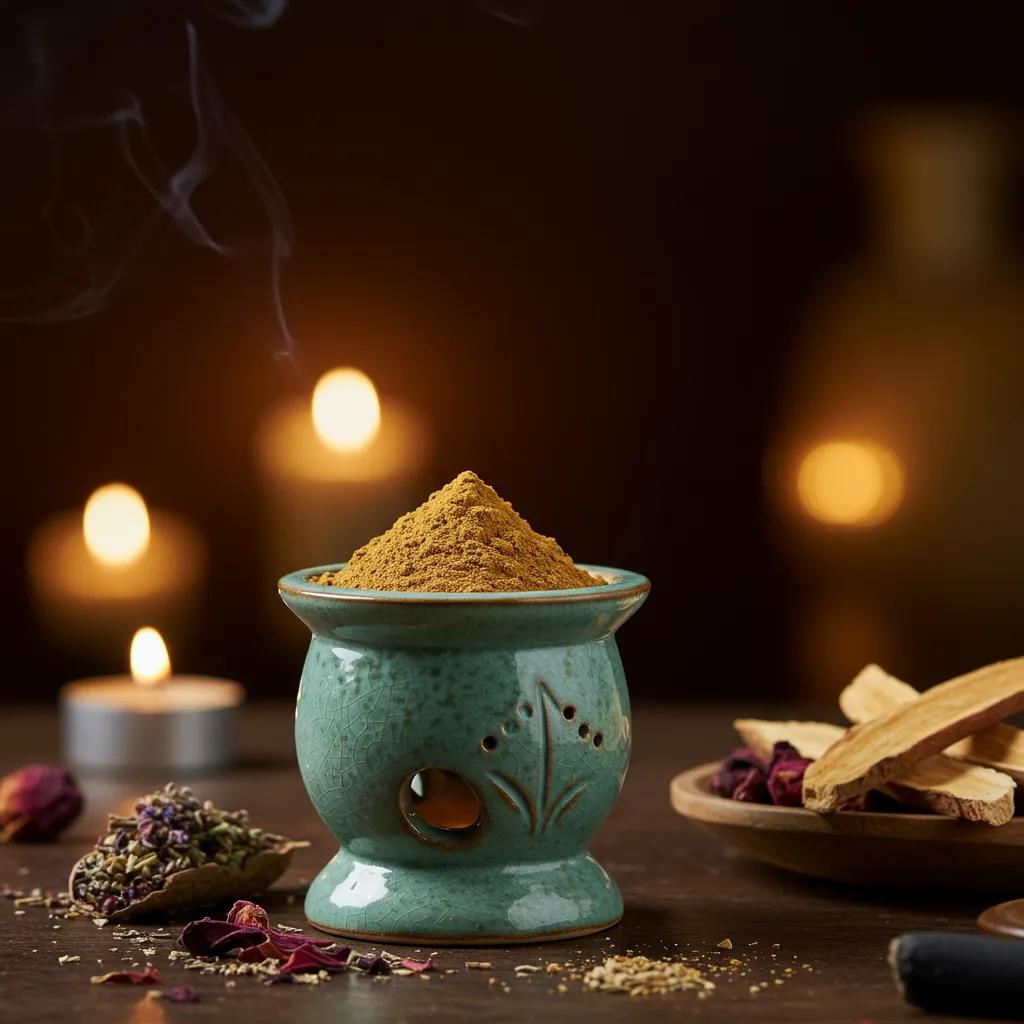 Klimax 2XX Powder in a ceramic incense burner with aromatic herbs, creating a tranquil ambiance