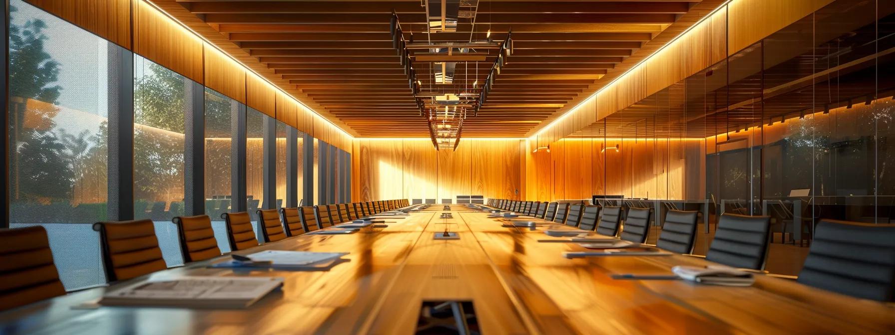 a sleek, modern conference room in knoxville, tn, features a large table surrounded by professionals reviewing detailed blueprints and regulations on commercial contracting, illuminated by overhead lighting that emphasizes the gravity of the discussion.