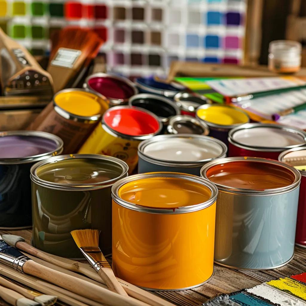 Close-up of paint cans labeled latex, acrylic, and alkyd, with brushes and color swatches on a wooden table