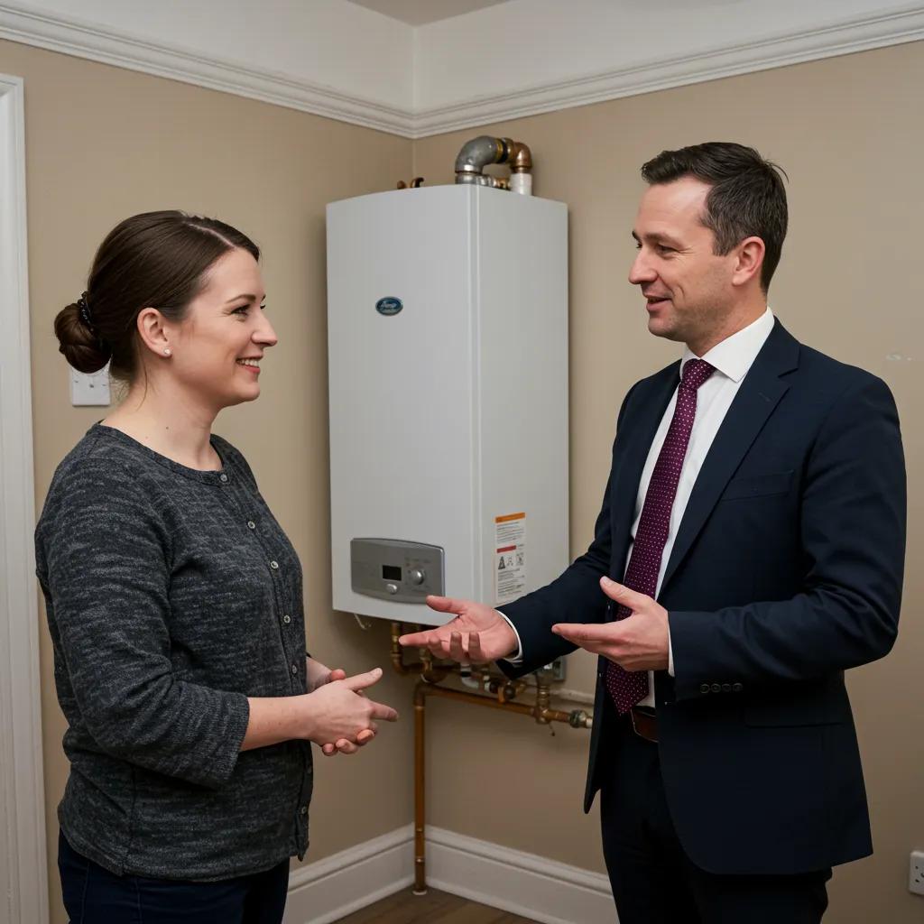Landlord discussing boiler cover with a tenant in a Glasgow rental property, emphasizing safety and professionalism Landlord discussing boiler cover with a tenant in a Glasgow rental property, emphasizing safety and professionalism