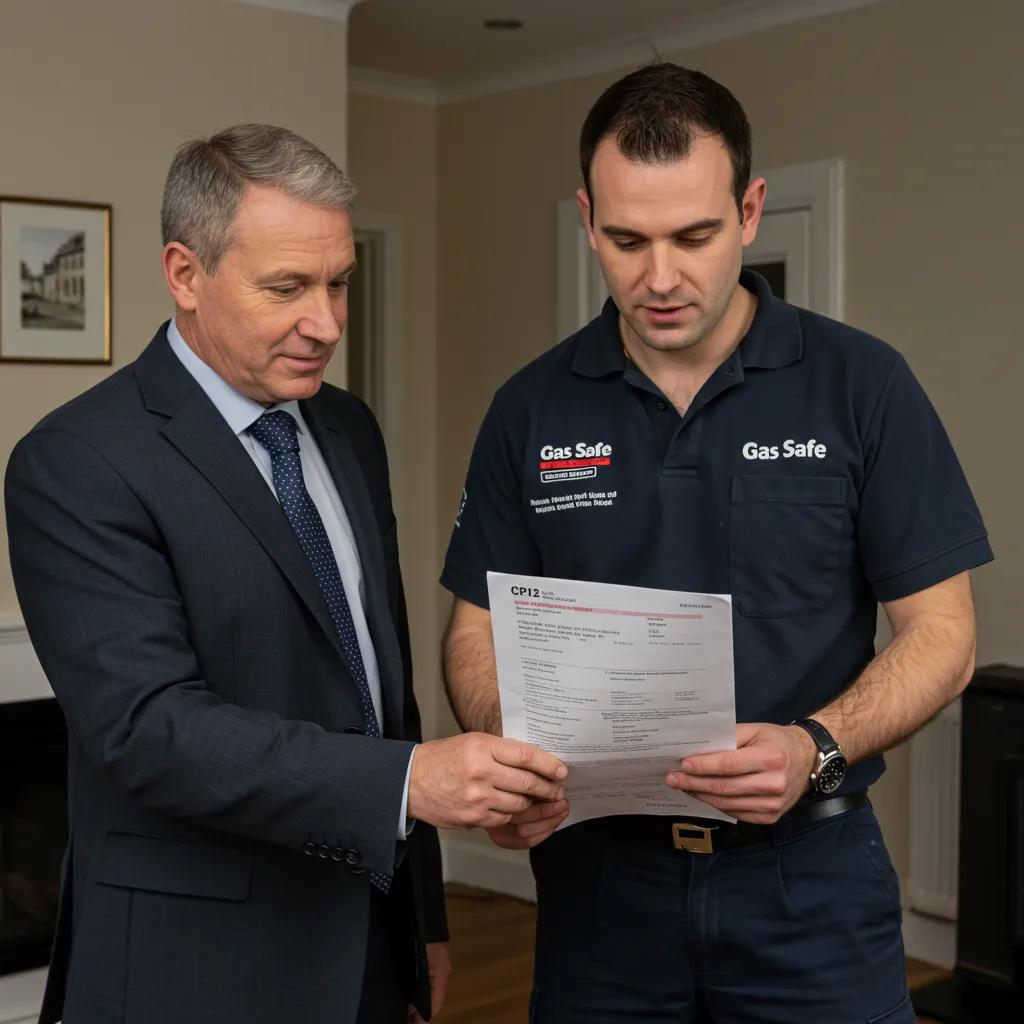 Landlord consulting with a Gas Safe engineer about legal gas safety responsibilities in a Glasgow home