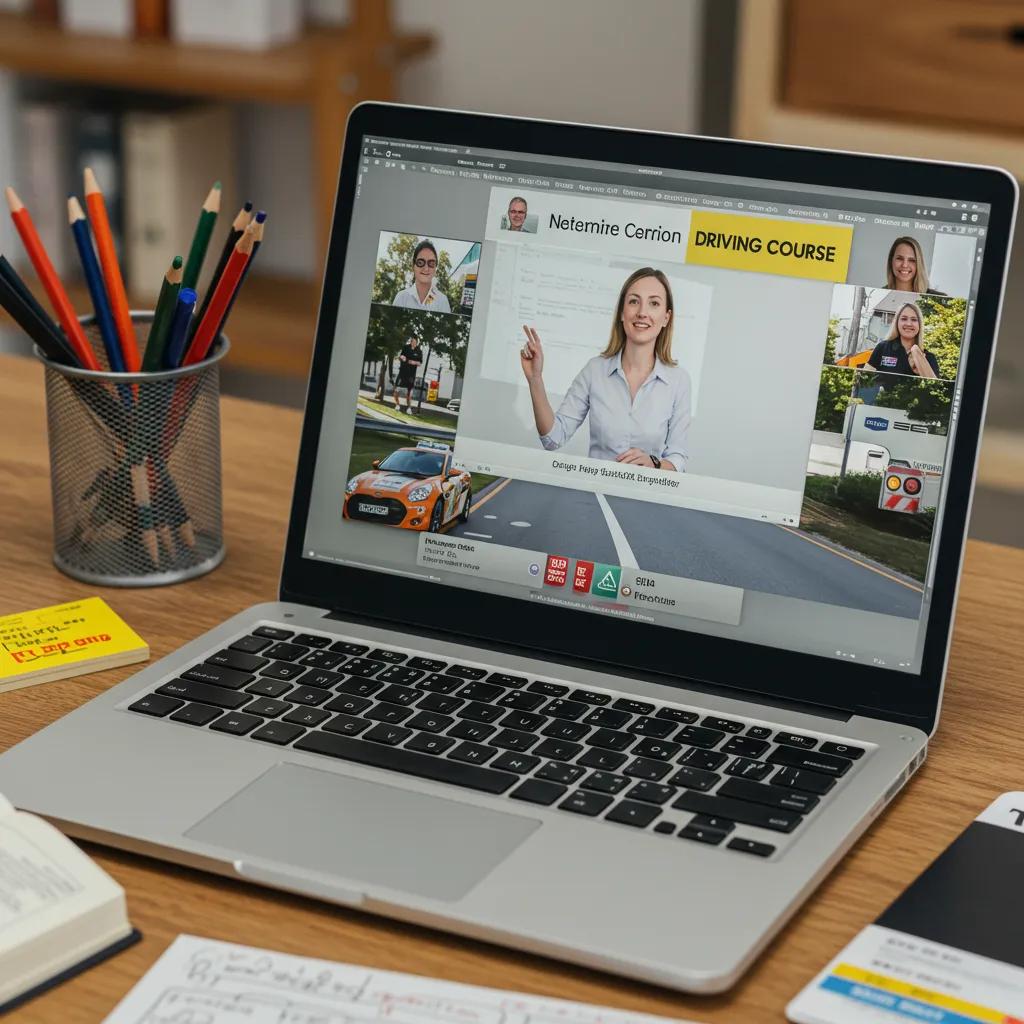 A laptop screen displaying a live Zoom driving course session, highlighting the interactive virtual learning environment