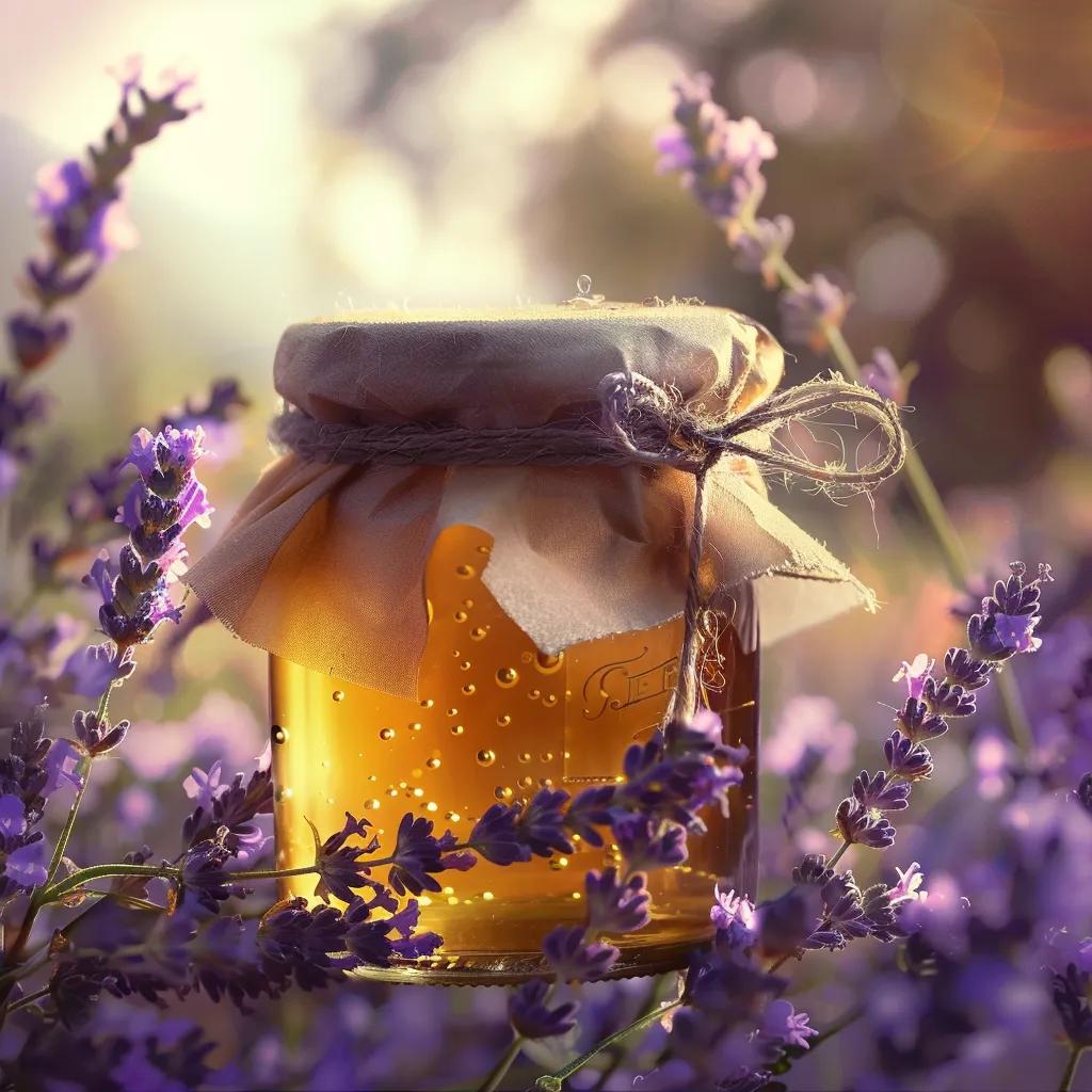 Jar of lavender honey with fresh lavender flowers, showcasing natural beauty and wellness