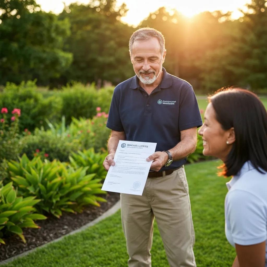 Lawn care professional presenting business license and insurance certificate to a client in a beautiful garden