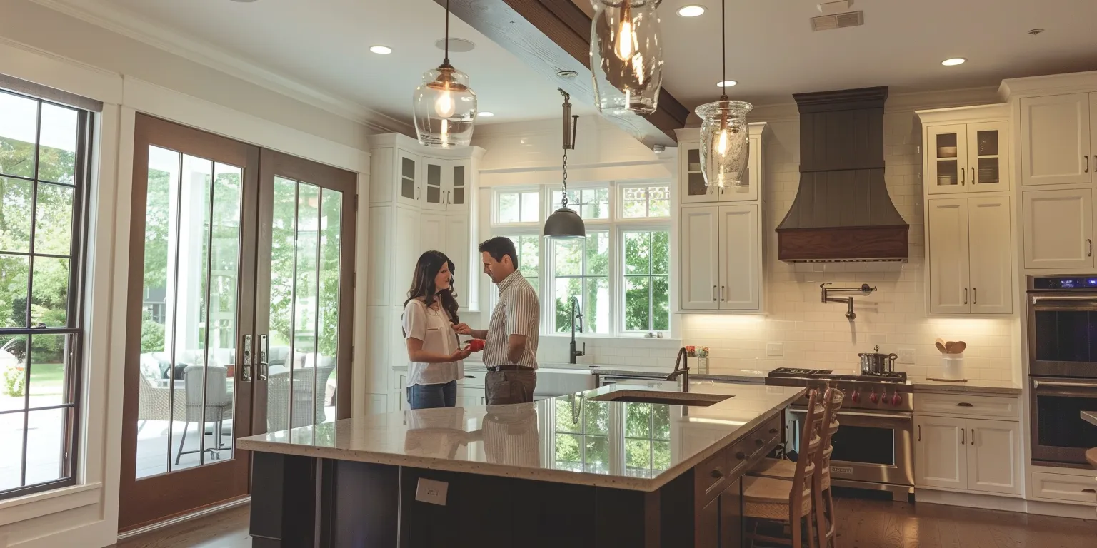 Couple discussing kitchen design in modern kitchen with island, white cabinetry, and large windows.
