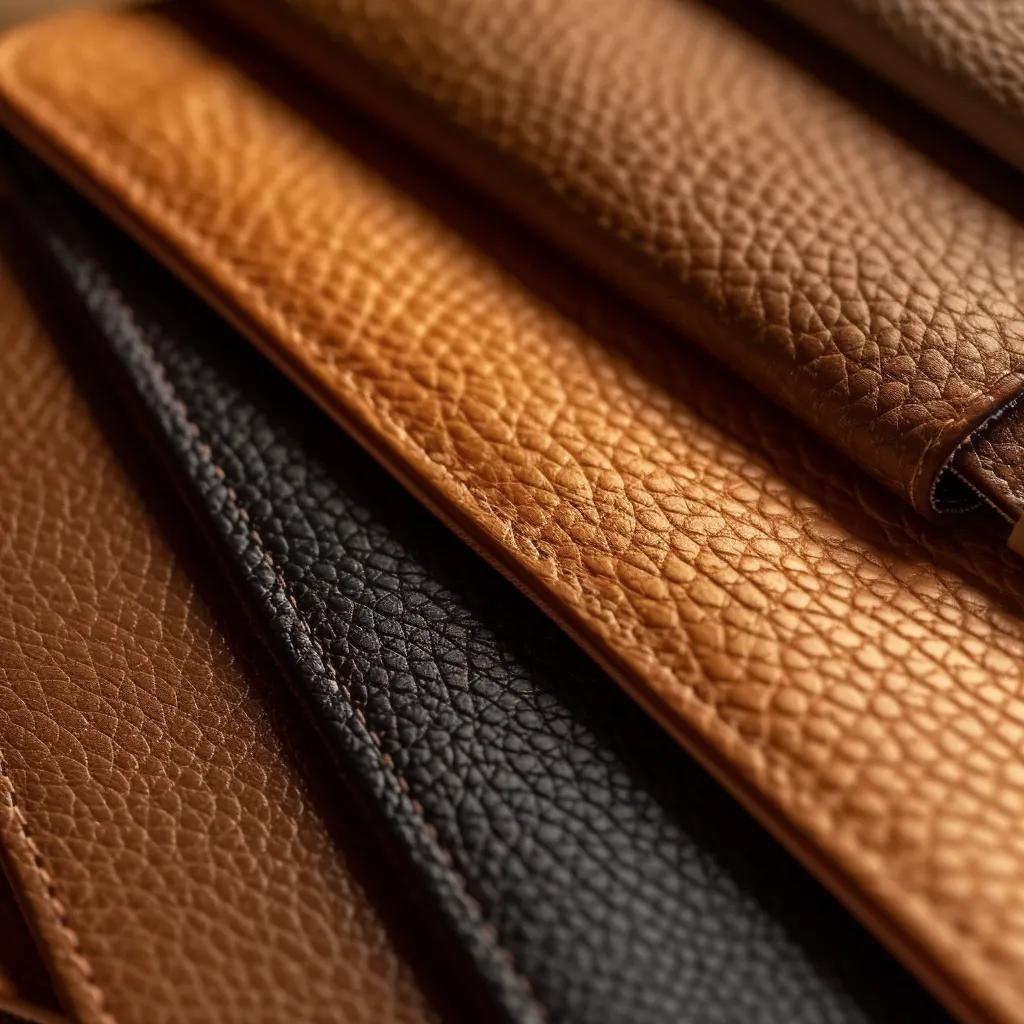 Close-up of premium leather types used in luxury tote handbags showcasing textures and colors