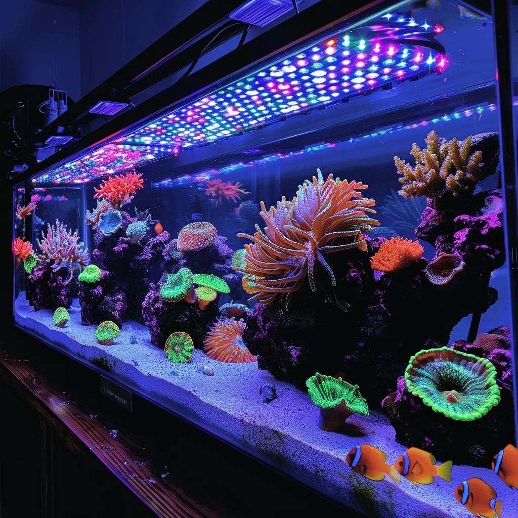Energy-efficient LED lights illuminating an aquarium, showcasing cost-saving benefits