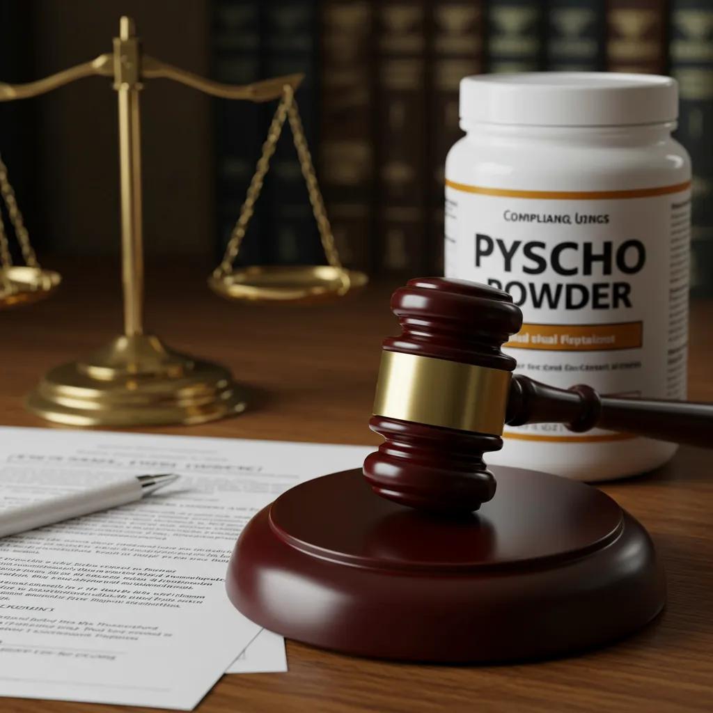 Legal considerations for Pyscho Powder, depicted with a gavel and legal documents, emphasizing regulatory compliance
