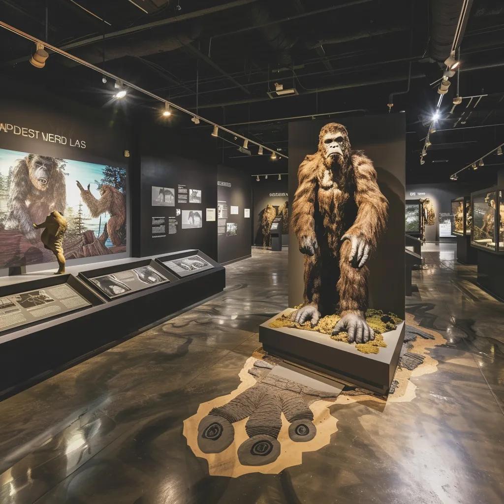 Interior view of the Sasquatch Museum featuring life-size Bigfoot models and footprint casts, enhancing the educational experience Interior view of the Sasquatch Museum featuring life-size Bigfoot models and footprint casts, enhancing the educational experience