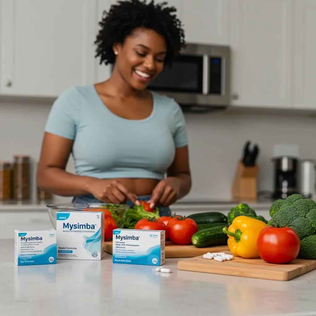Lifestyle image of a person preparing a healthy meal with Mysimba medication, emphasizing weight loss and health management