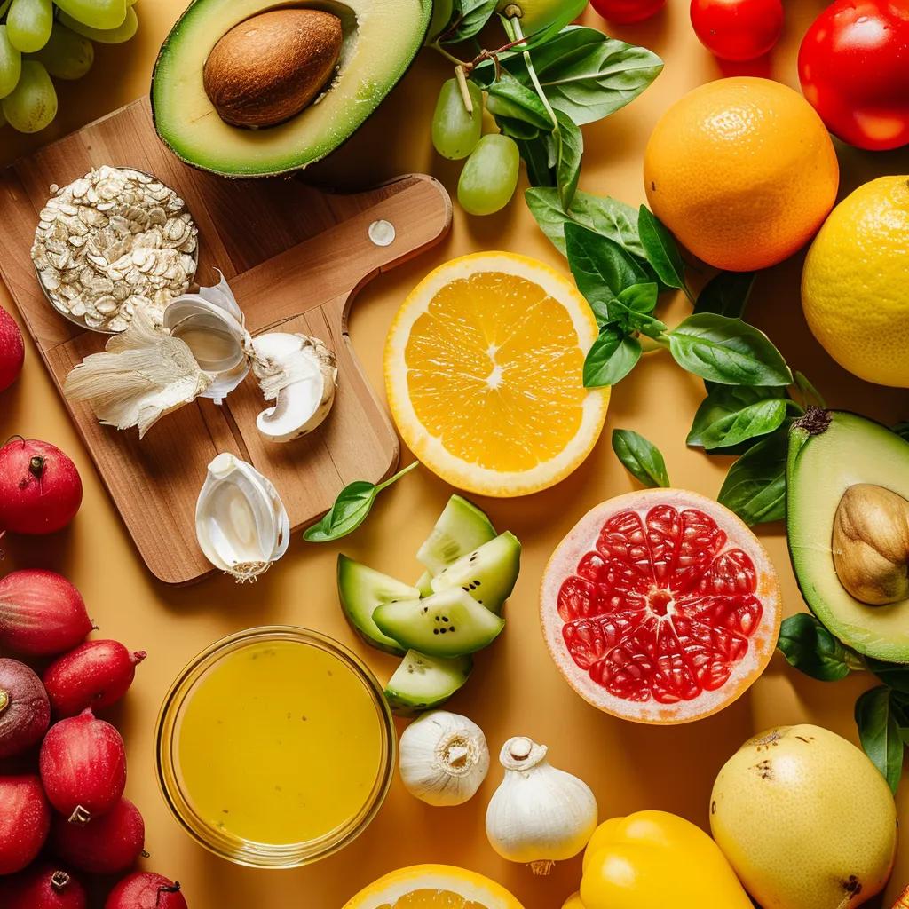 Colorful assortment of healthy foods promoting gut microbiome health and overall wellness