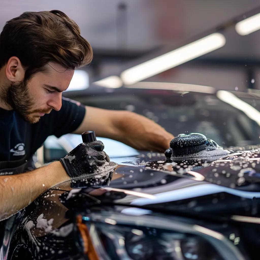 Professional detailer polishing a car, emphasizing the benefits of expert detailing services for water spot removal