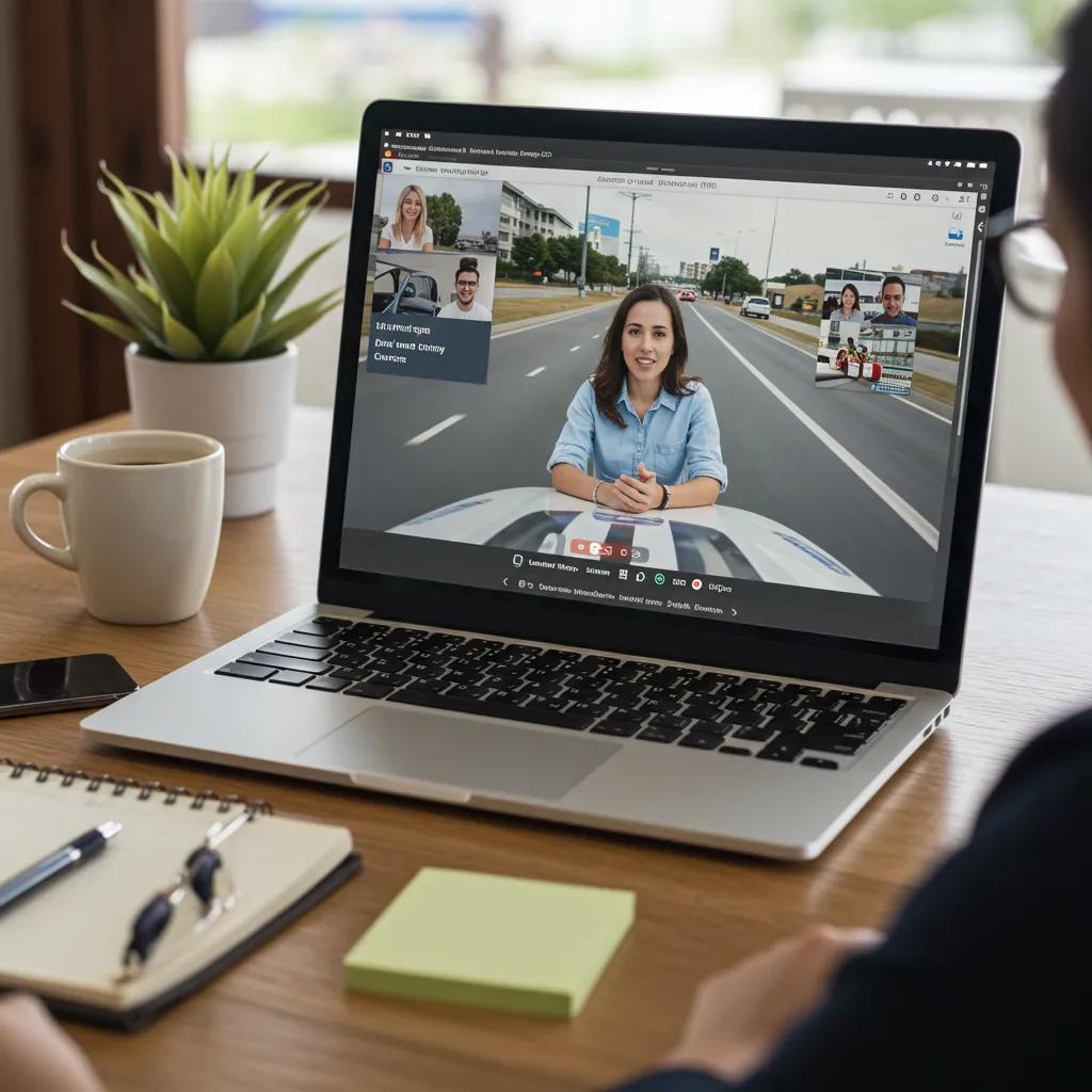 Instructor leading a live Zoom session for a driving course with attentive students, highlighting the interactive online learning experience