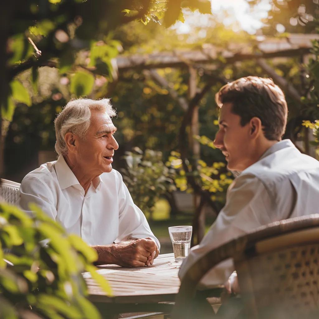 Local stockbroker discussing personalized investment strategies with a client outdoors Local stockbroker discussing personalized investment strategies with a client outdoors