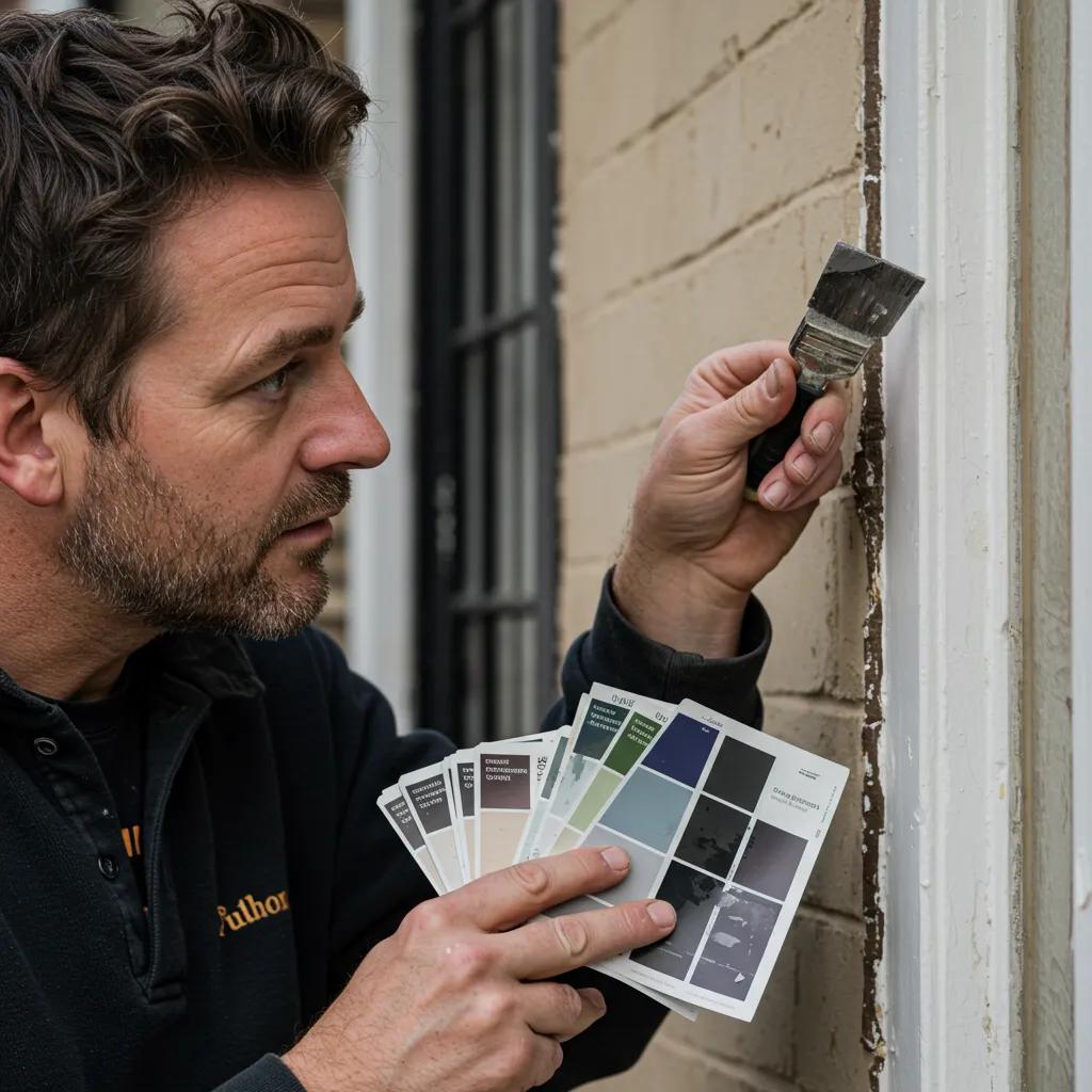 A local artisan carefully inspecting a Victorian exterior, holding tools and paint swatches, underscoring the significance of local expertise in decorating A local artisan carefully inspecting a Victorian exterior, holding tools and paint swatches, underscoring the significance of local expertise in decorating