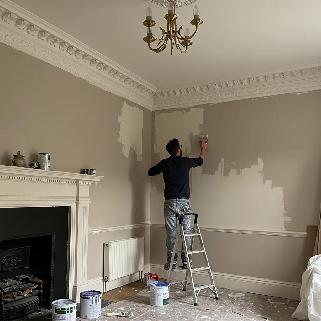 Skilled local painter meticulously working on a classic Victorian wall in a Fulham residence, highlighting expert craftsmanship and keen attention to detail Skilled local painter meticulously working on a classic Victorian wall in a Fulham residence, highlighting expert craftsmanship and keen attention to detail
