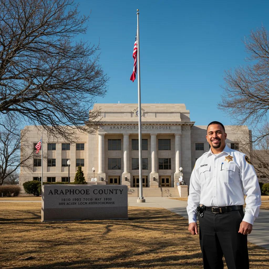 Local bondsman outside Arapahoe County courthouse, representing trust and community connection