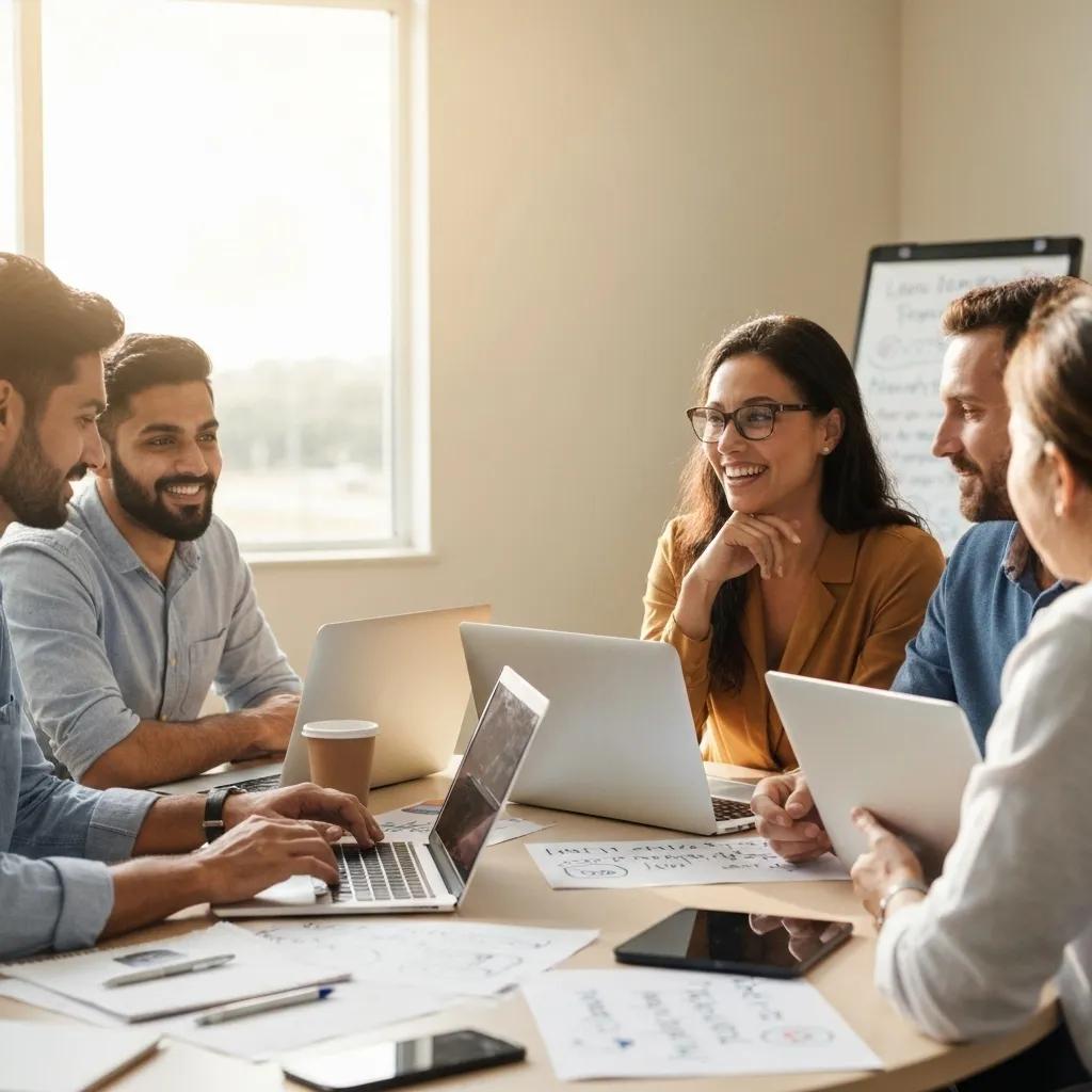 Group of local business owners collaborating on marketing strategies, using laptops and discussing insights for effective local SEO and customer engagement.