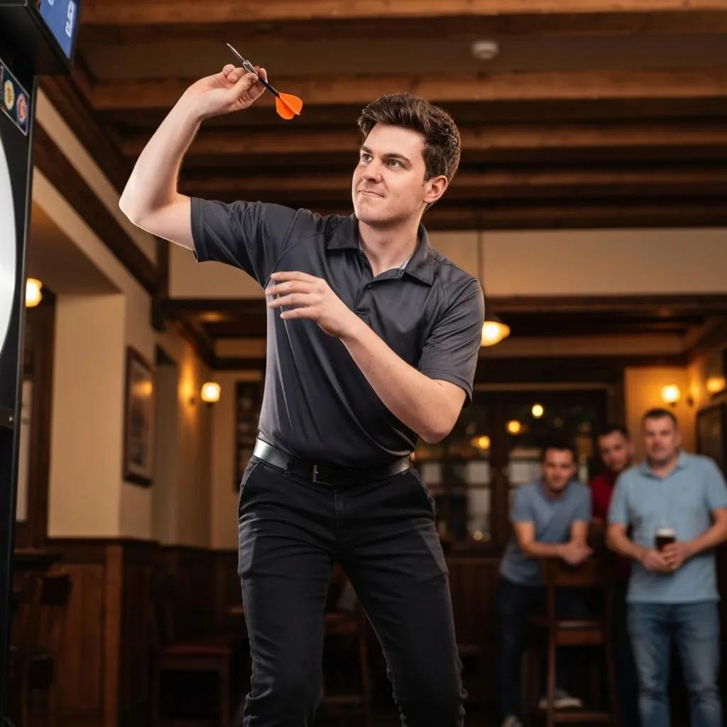 Local darts league event with players competing and spectators cheering