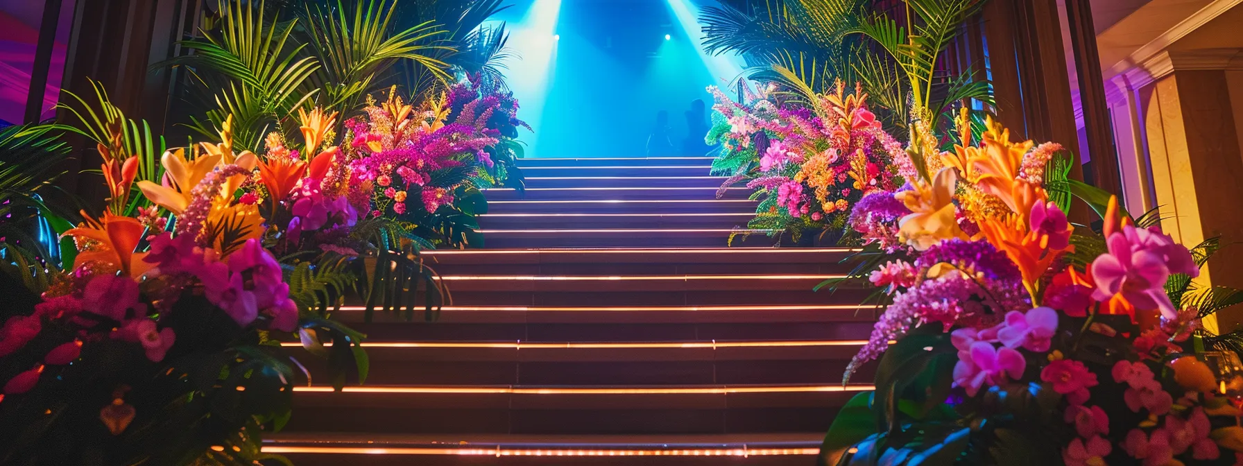 lush floral arrangements in vibrant hues cascading down a grand staircase at a glamorous corporate gala on the sunshine coast.