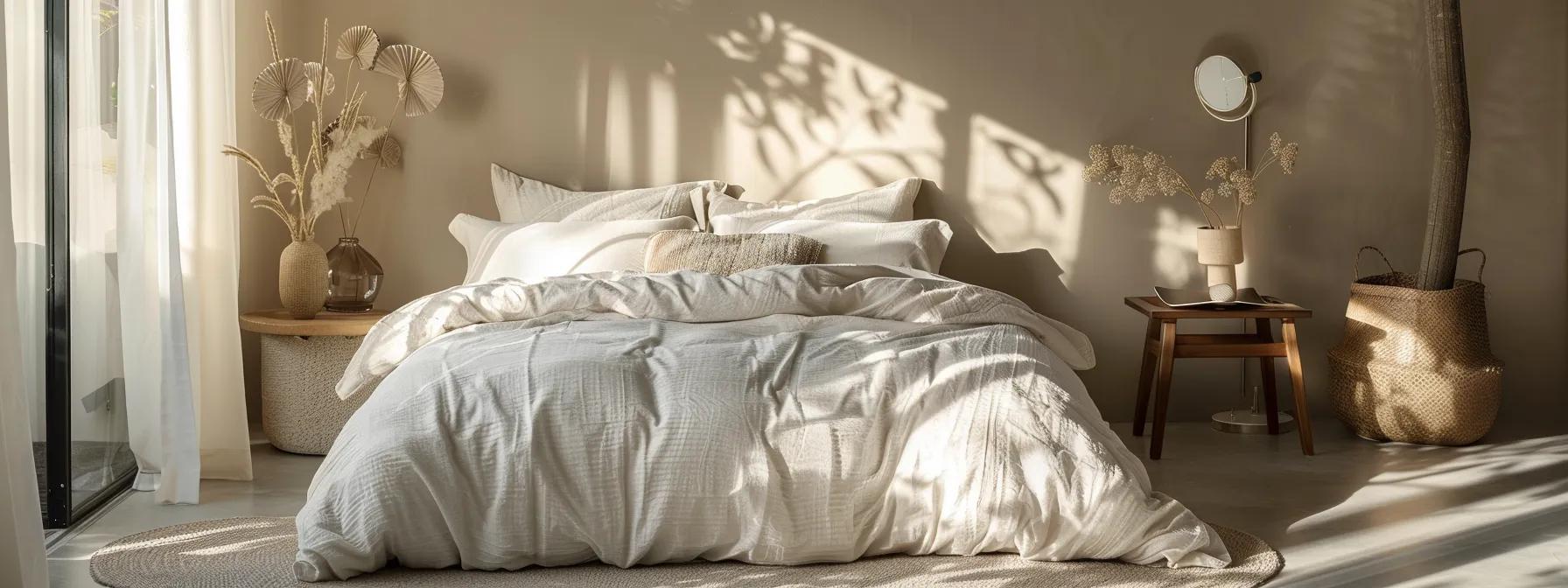 a luxurious bedroom setting features an elegantly made bed with adorearth™ bamboo quilt covers in muted earthy tones, highlighting their soft texture and sustainable allure against a backdrop of refined eco-friendly decor. a luxurious bedroom setting features an elegantly made bed with adorearth™ bamboo quilt covers in muted earthy tones, highlighting their soft texture and sustainable allure against a backdrop of refined eco-friendly decor.