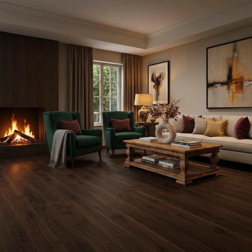 Elegant living room with dark walnut flooring, showcasing the intimate and luxurious atmosphere created by dark flooring choices.