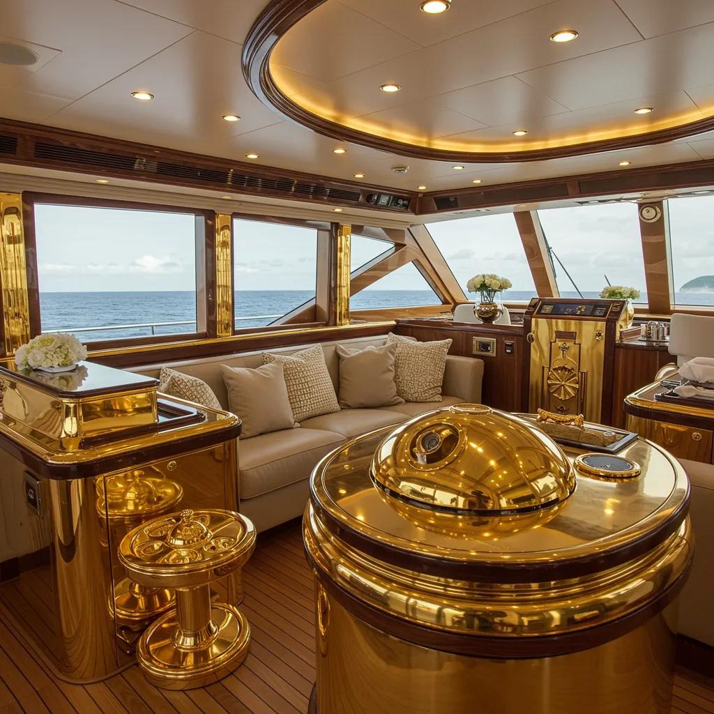 Opulent yacht interior featuring meticulously gold-plated fixtures, showcasing bespoke application excellence