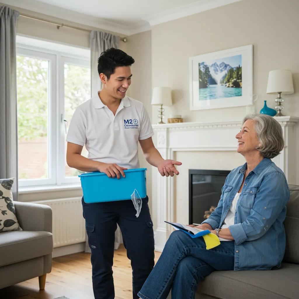 M2 Cleaning Services team member providing personalized service to a satisfied client in a clean home