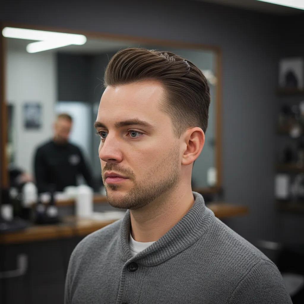 Man with a classic gentleman's cut in a stylish barbershop, showcasing elegance and sophistication in men's hairstyles Man with a classic gentleman's cut in a stylish barbershop, showcasing elegance and sophistication in men's hairstyles