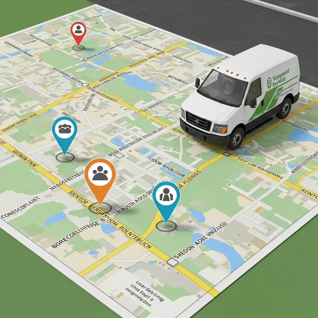 Map highlighting local search results with a septic service vehicle nearby