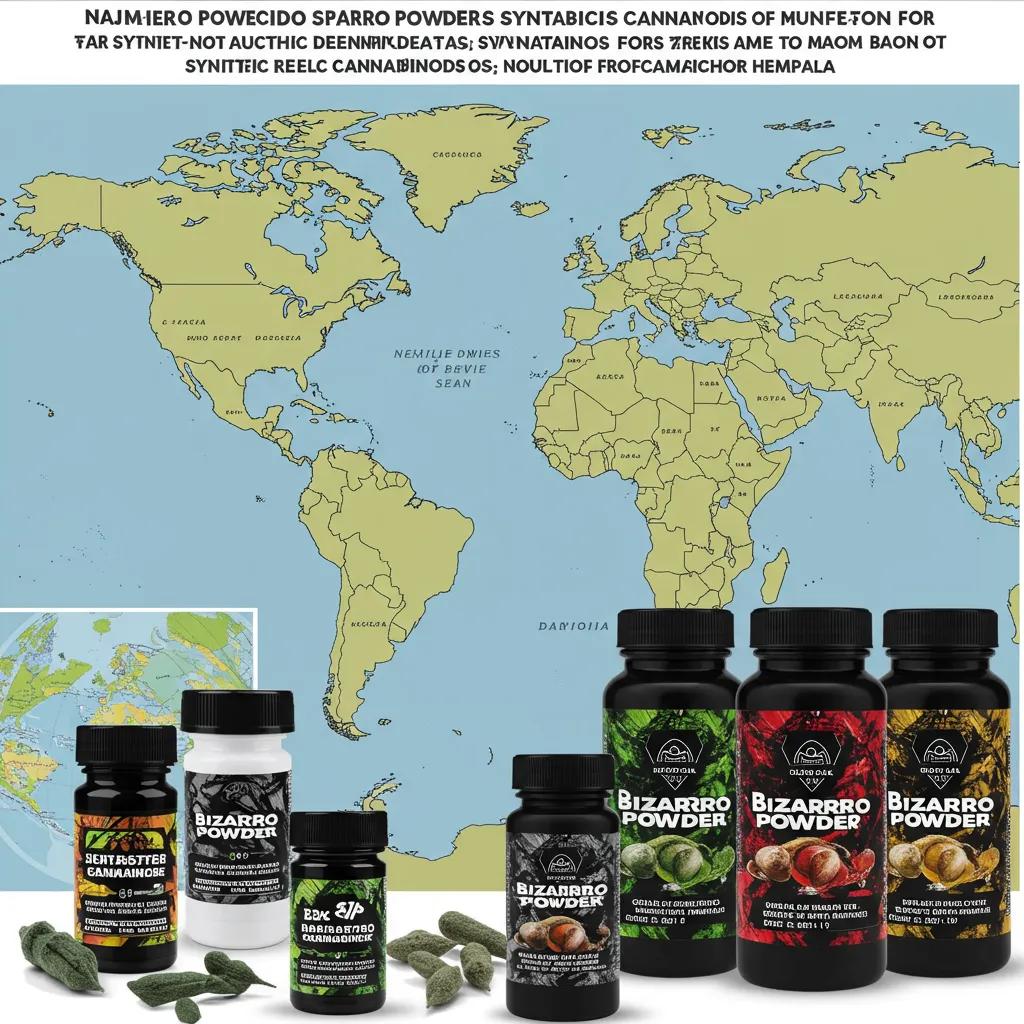 A map illustrating the varying legal statuses of synthetic cannabinoids, including Bizarro Powder products, underscoring regulatory complexity