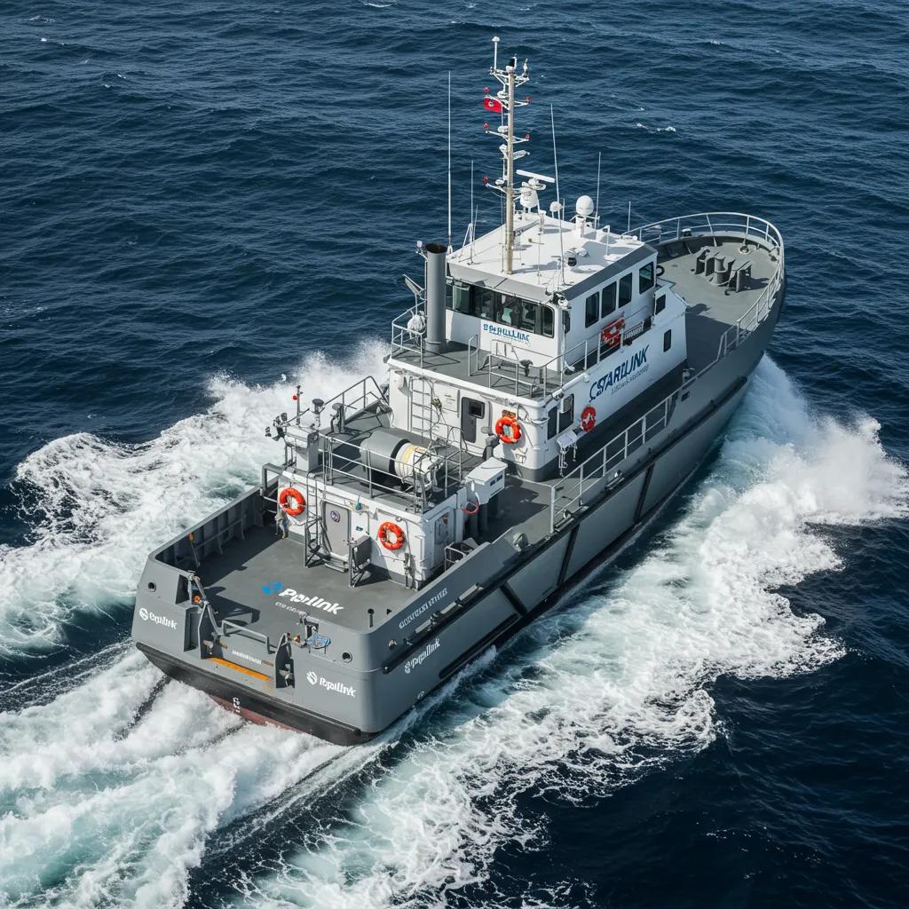 Maritime vessel using Peplink and Starlink technology in rough seas, showcasing industry-specific connectivity solutions